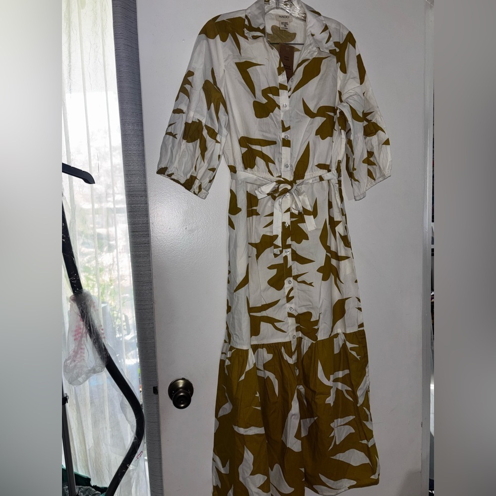 White and chartreuse Button-Up Dress